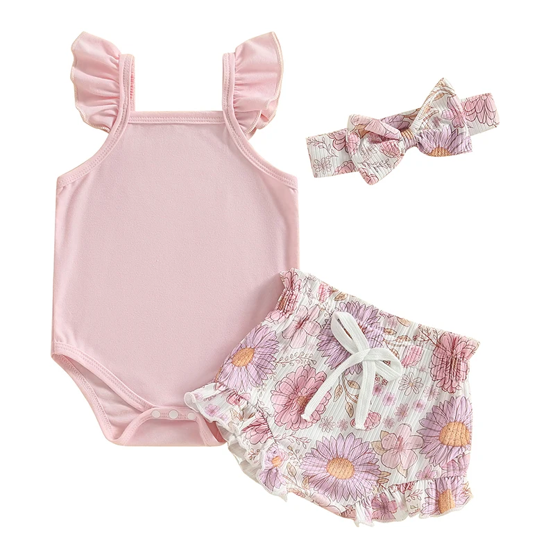 Girls Pants Suit Casual Street Party Fly Sleeves Romper Vest Tops Drawstring Short Pants Headband