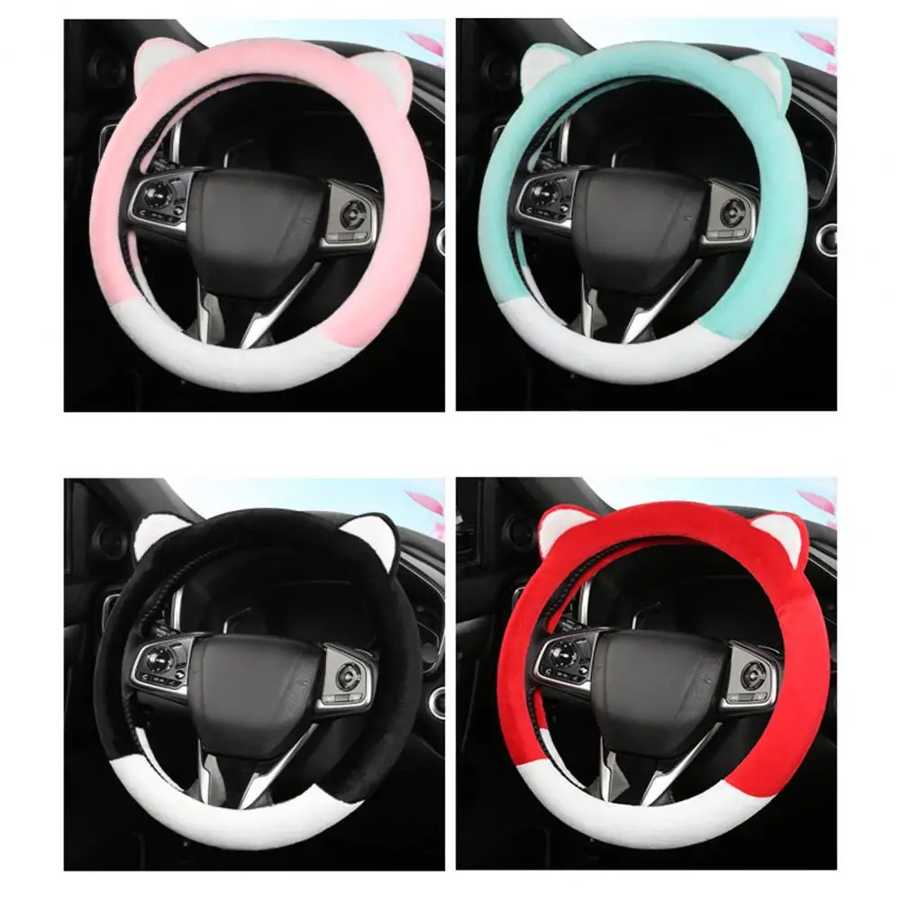 

Fluffy Steering Wheel Cover Warm Fuzzy Winter Steering Wheel Covers for Girls Cute Fluffy Decorations with Ear Accents Auto