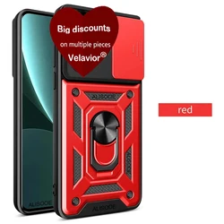 Durable Phone Case with Slide Lens Cover, Rotating Ring, and Shockproof Stand Holder for Honor 90 Lite (Red)