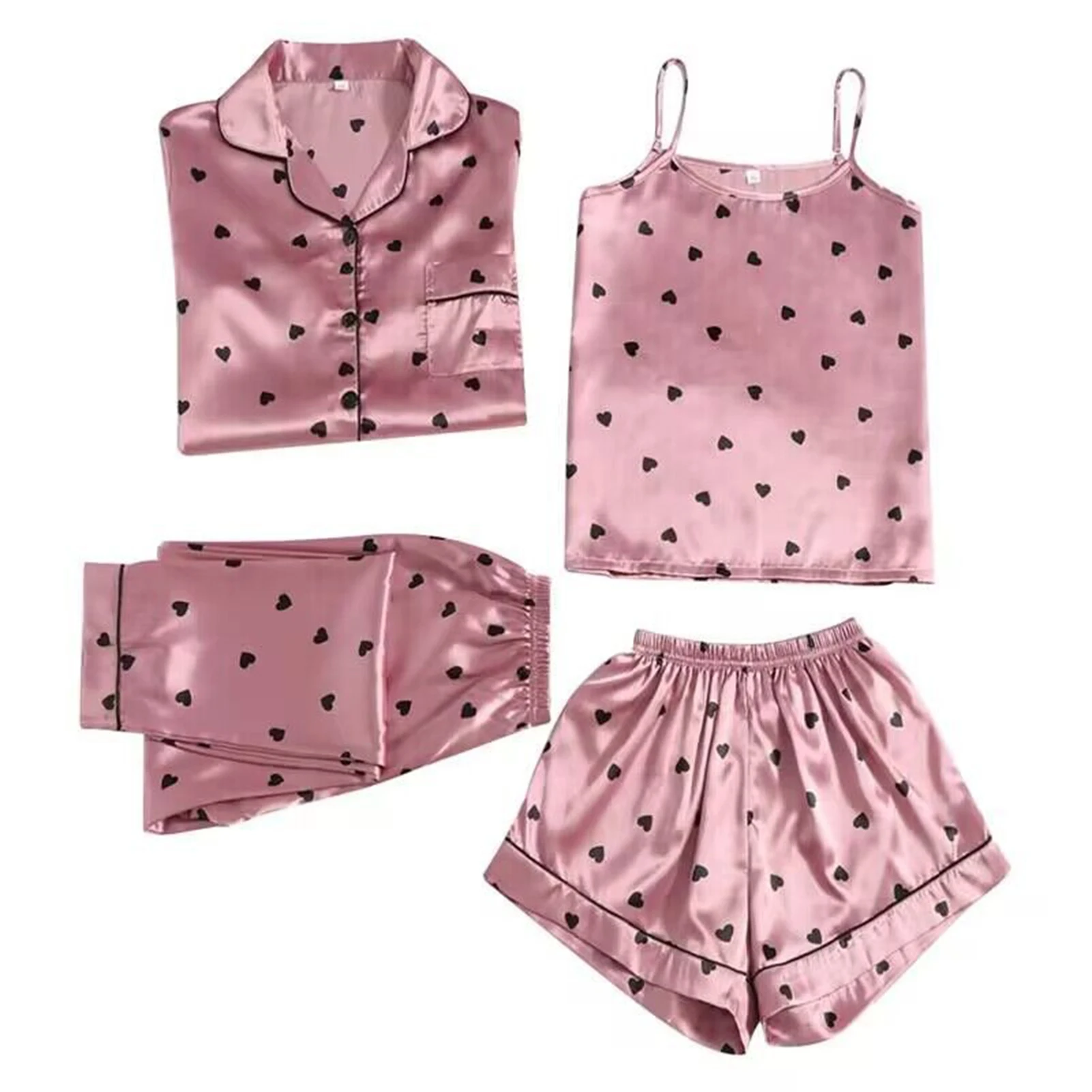 

4pcs Womens Silk Satin Pajamas Set Sleepwear Loungewear Cami Tops Shorts Pants Pj Sets Summer Nightwear for Ladies NIN668