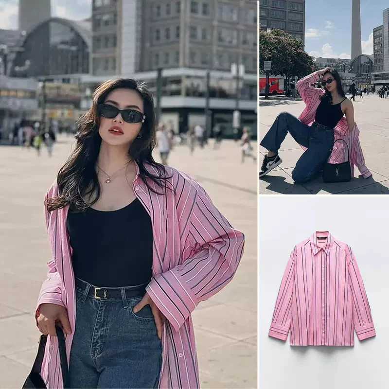 

BSK&TRAF 2024 summer new women's fashion single-breasted lapel casual long-sleeved striped loose shirt 3281250