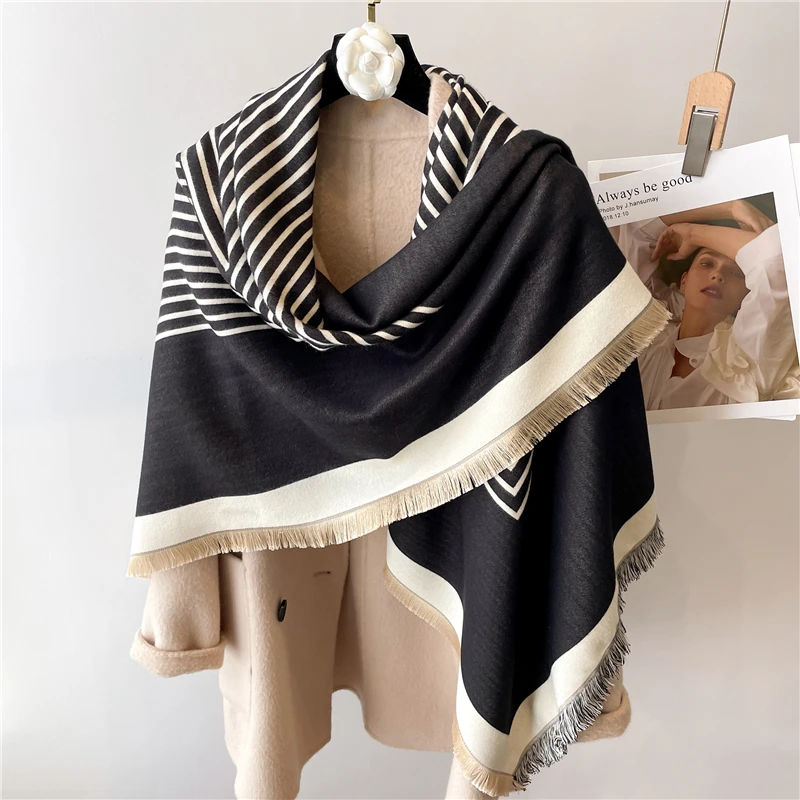 Sciarpa scialle in cashmere 2022 per donna stampa a righe spessa invernale calda pashmina coperta 125 cm grande quadrato Echarpe_voghion.com
