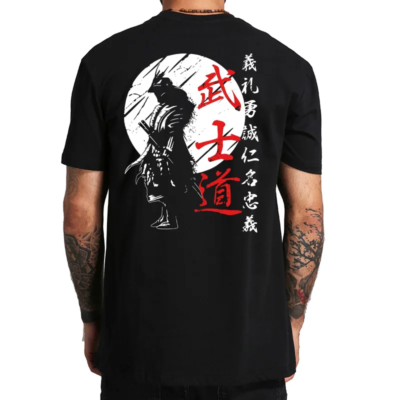 Japan Samurai Spirit T Shirts For Men Japanese Style Back Print Loose Retro 100% Cotton T-shirt Bushido Male Gifts Basics Tee