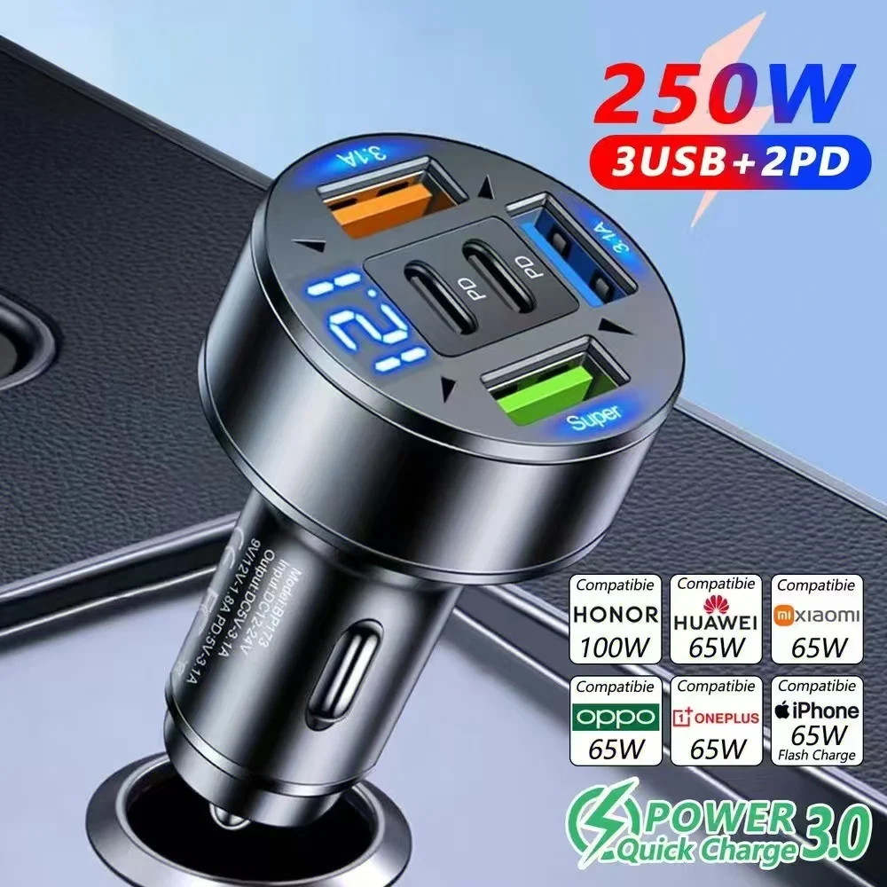 250W 5-in-1 PD QC3.0 Car Charger Fast Charging USB C for IPhone,Samsung Galaxy, IPad Pro, Multi-Port Cigarette Lighter Adapter