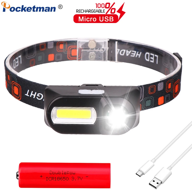 

Powerful COB+LED Headlamp 18650 Rechargeable Headlight Waterproof Head Lamp Outdoor Camping Head Light Mini Head Flashlight