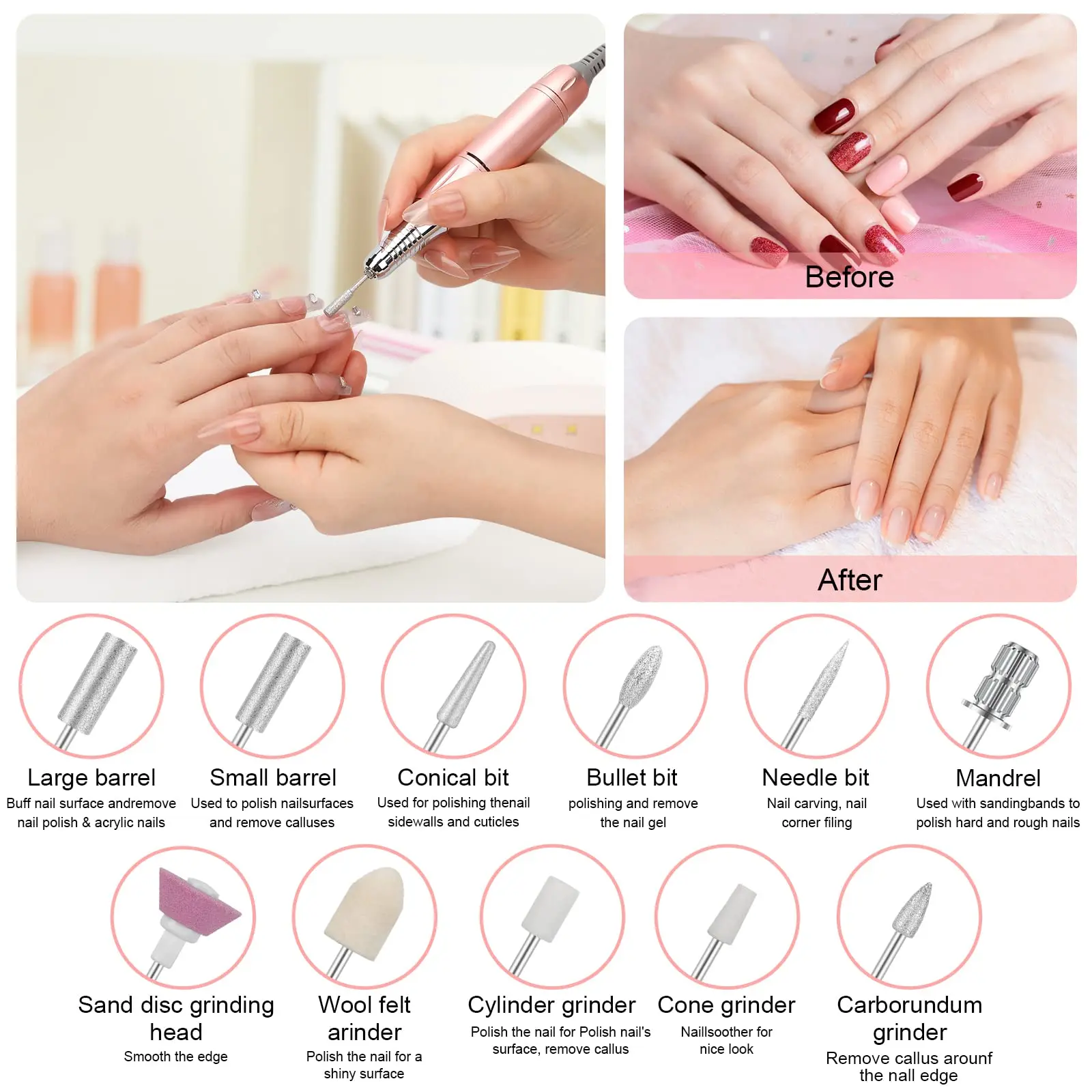 Electric Nail Drill- Professional Portable Manicure Pedicure E-File Kit  with Acrylic Fake Nail Clipper for