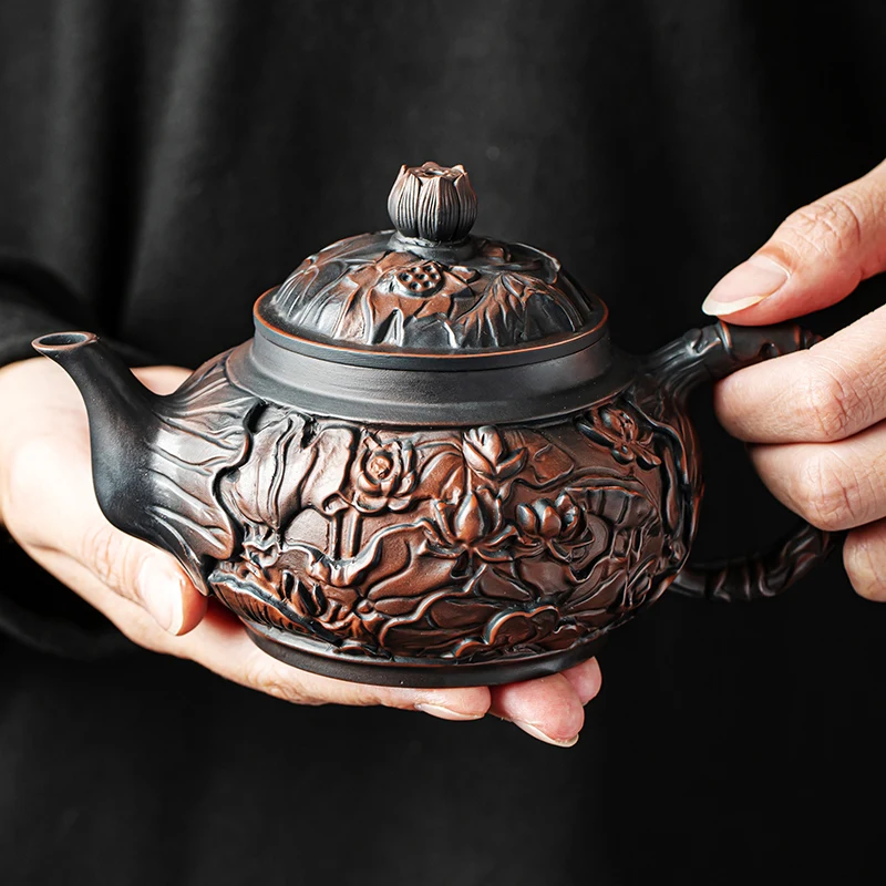 

Vintage Purple Pottery Teapot Hand Carved Lotus Teapot Ceramic Teapot Single Pot Kung Fu Tea Set Accessories