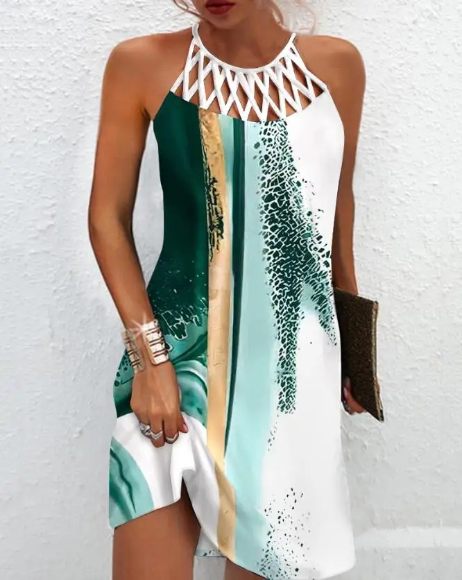 

Women's Dresses 2023 Summer Fashion Criss Cross Tie Dye Print Hollow Out Casual O-Neck Sleeveless Daily Mini Straight Dress
