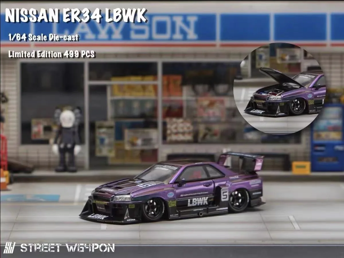 

StreetWeapon 1/64 NISSAN GTR Open Cover LBWK Wide-body ER34 Limited Edition simulation modified car model