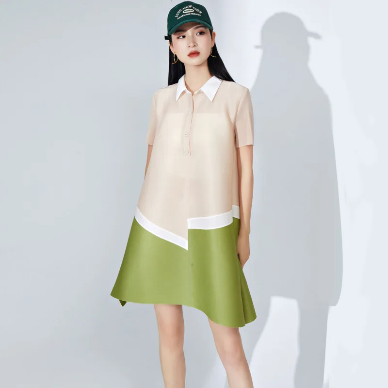 

COZOK 2024 Casual Women's Lapel Loose Oversized Dress Contrasting Colors Patchwork Mid Length Pleated Dresses WT494