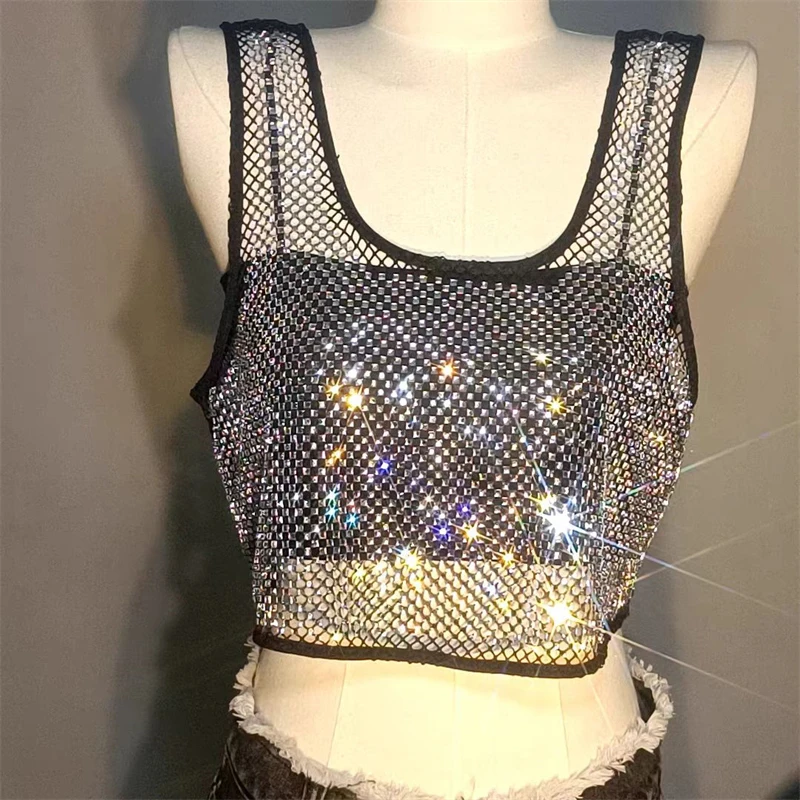 Tolle feminine Tanktops, sexy Kristall-Strasssteine, ausgehöhlte Netz-Vertuschungen, Party, Clubwear, bauchfrei, ohne Röhrenoberteil, Feiertage – Detail 13
