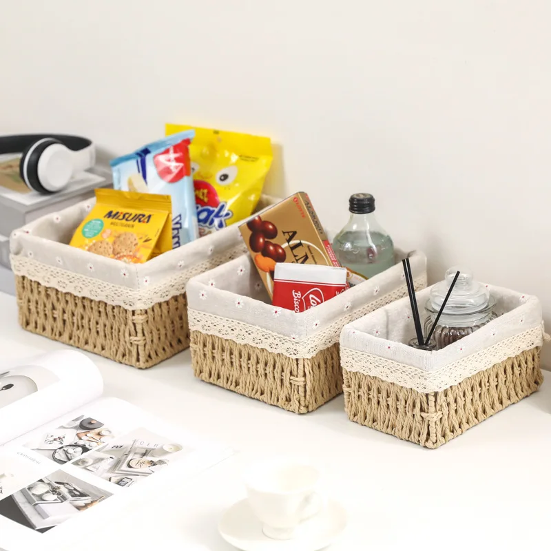 Imitation Rattan Storage Basket Long Narrow Woven Basket Rectangular Suitable for Bar Bathroom Bedroom Coffee Table Storage Box