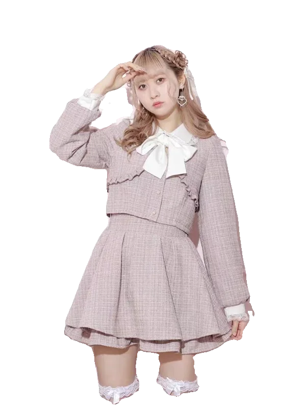 Mine Style Girly Bow Lace Pink Y2K Elegant Tops 2024 Autumn New Fashion High Waist Slim-Fit Shorts Suit Women Lolita Clothes
