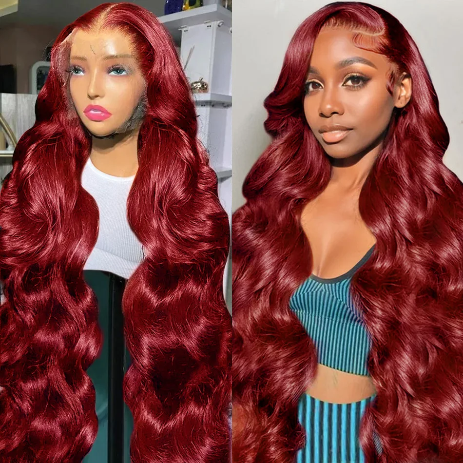 99j burgundy 13x6 Lace Front Human Hair 250 Density Body Wave 13x4 30 40 Inch Red Colored Lace Frontal Wigs Brazilian For Women