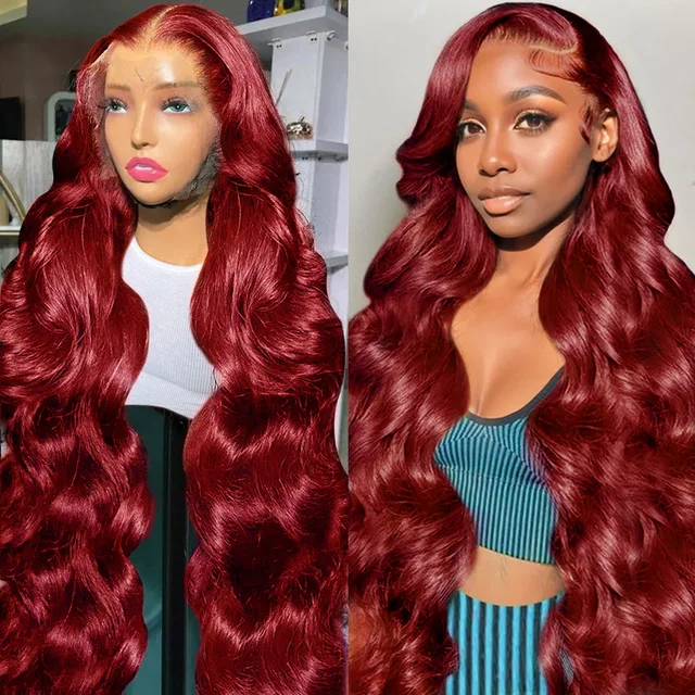 99j burgundy 13x6 Lace Front Human Hair 250 Density Body Wave 13x4 30 40 Inch Red Colored Lace Frontal Wigs Brazilian For Women