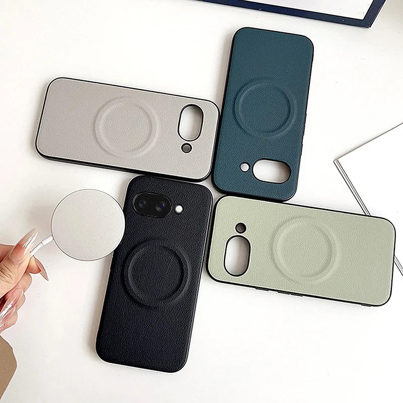 Premium Plain Leather Phone Case with Built-in MagSafe Magnetic Ring and Camera Protection