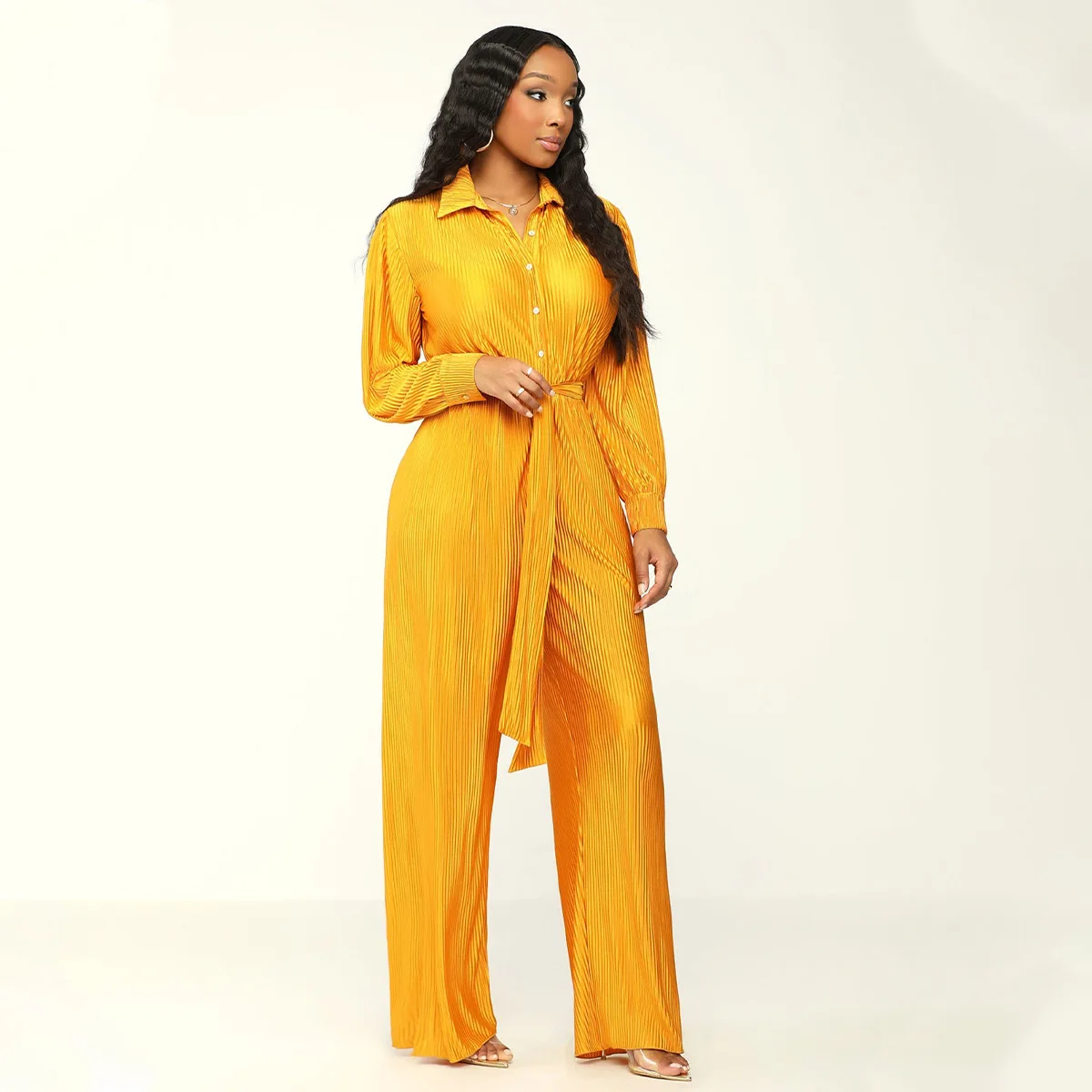 Women's suit Blouse Pleated Lapel Long Sleeved Wide Leg Jumpsuit One Piece Romper Outfits With Belt Solid color commuter suit