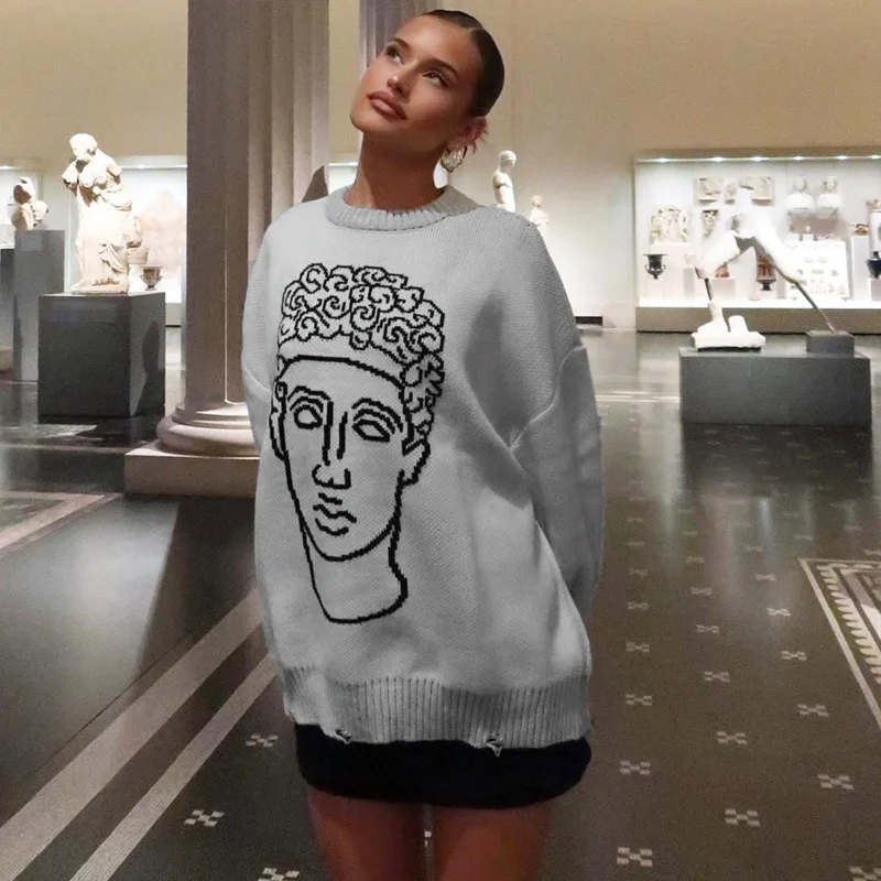 

Fashion Portrait Graphic Sweater Causal Street for Women 2023 Fall Winter Long Sleeve Knit Pullovers Top Loose Sweatshirt