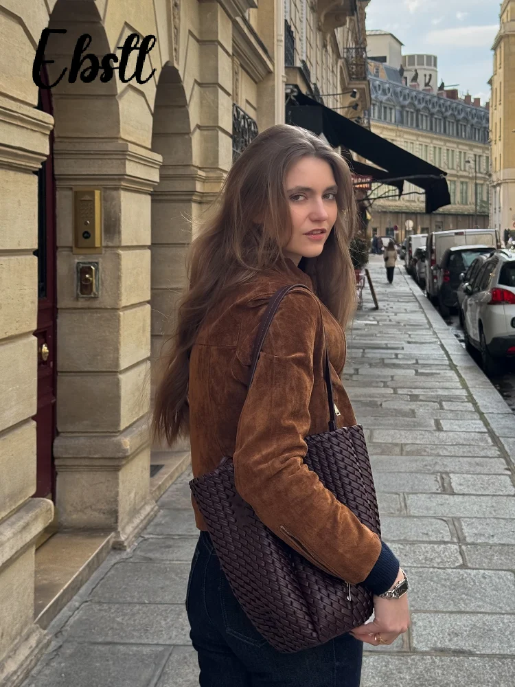 الشارع الجلد المدبوغ سحابات سترات قصيرة المرأة خمر التلبيب كم كامل جيب سترة  الخريف الشتاء سيدة جديدة ملابس خارجية غير رسمية