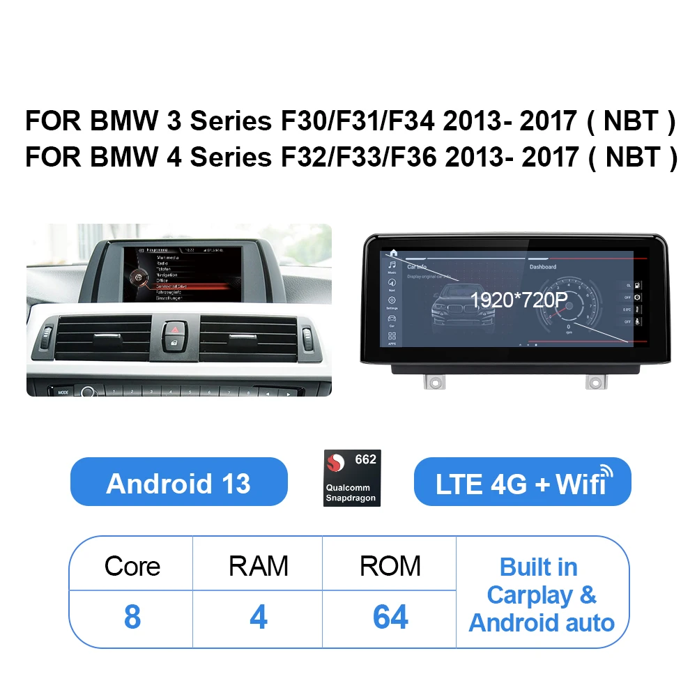 BMW F30系 Androidモニター 8Core4G32GNBT 10.25inch Wireless Carplay Android Auto Car Multimedia 1920*720