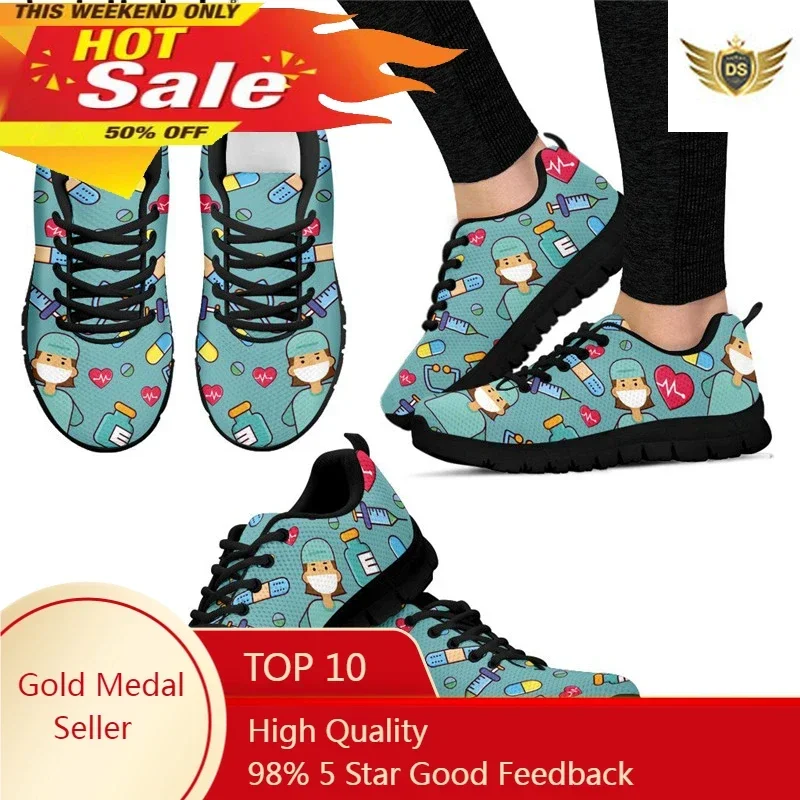 Women Sneakers Hospital Nurse Heart Print Breathable Mesh Flats Shoes For Ladies Girls Casual Student Nursing Shoes