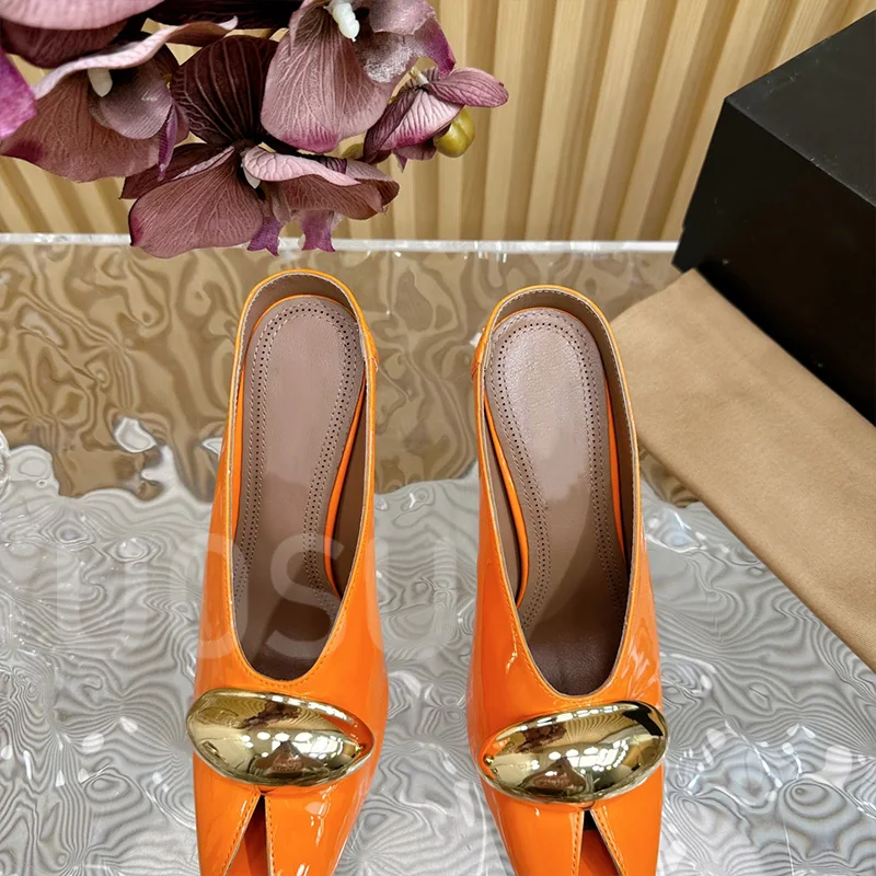 Designer Women's High Heels Luxury Metal Accessories Patent Leather Fine Heel Ladies Shoes Fashion Show Square Toe Dress Shoes