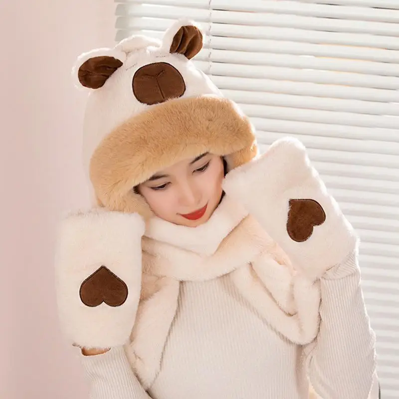 Hooded Scarf Warm Hood Scarf Capybara Warm Hoodie Hat Gloves Set Soft Plush Thick Hat For Men Women
