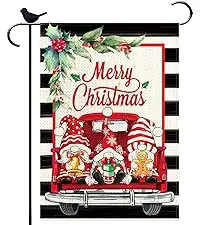 Three Gnomes in Truck Merry Christmas Garden Flag Burlap Small Vertical 12x18 Inch Santa Flag
