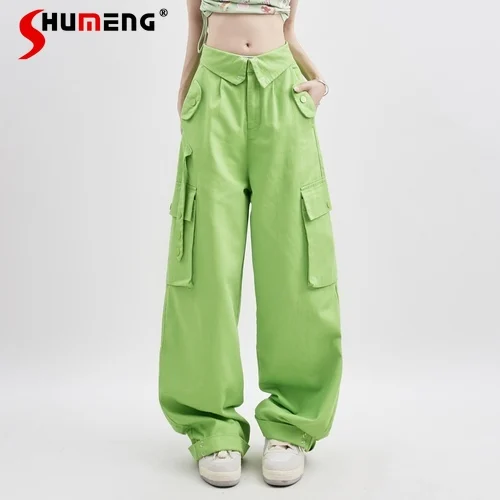 

Women Summer Green Cargo Pants Feminina Overalls 2023 New Streetwear Pocket Flip Design Straight Trousers Femme Pants