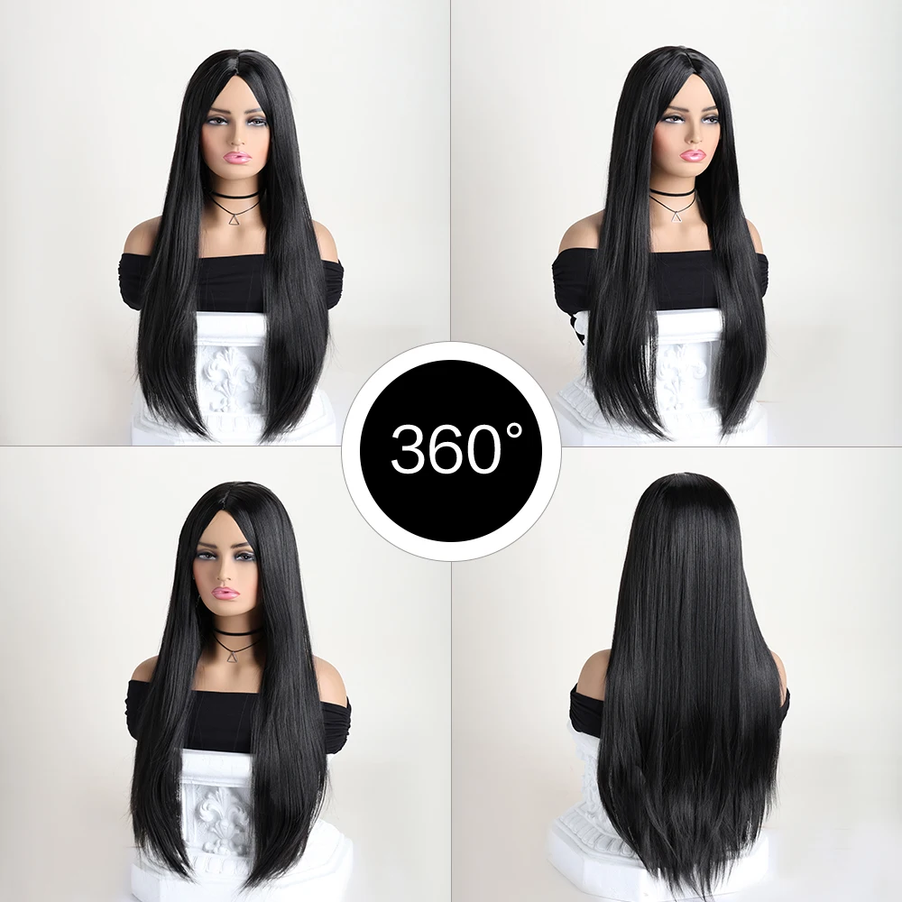 26 Inch Long Synthetic Straight Wig Mid Bangs Women Ombre Heat Resistant Wigs Daily Use Cosplay Halloween Costume Party 4