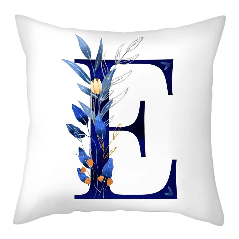 Simple Blue Leaf Alphabet Print Cushion Case 26 Letters Decoration Pillows Case Sofa Chair Livingroom Polyester Throw Pillowcase 