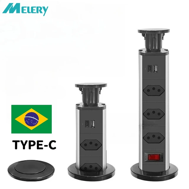 Melery บราซิล Power Strip USB Type-c Pop Up Plug เดสก์ท็อปซ็อกเก็ตไฟฟ้า Home Office Charge สายไฟต่อ Outlets 1
