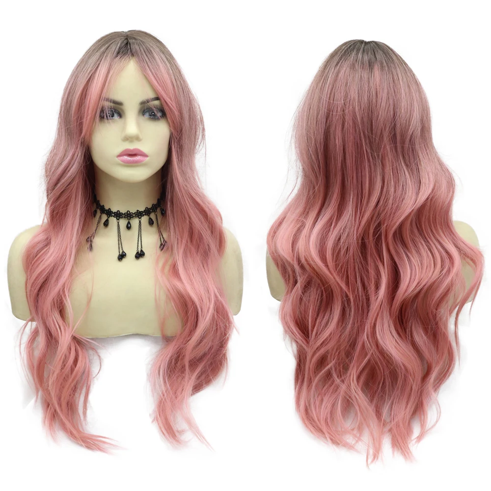 

Mechanism Wigs with Bangs No Lace Front Wig Gradient Pink Hairs for Women 24inches Heat Resistant Fiber Hair for Daily Use