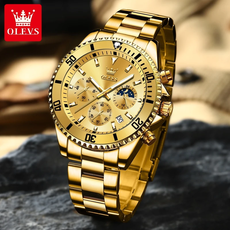 Orologio Uomo OLEVS 44mm: Cronografo Tre Occhi, Acciaio, Quarzo, Impermeabile 30m, Vetro Antigraffio
