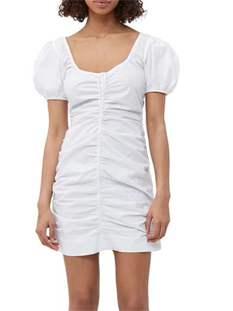 

Slim Fit Ladies Puff Sleeve Elegant Short Robe Women Lace-Up V-Neck Shirring Mini Dress 2024 Summer New