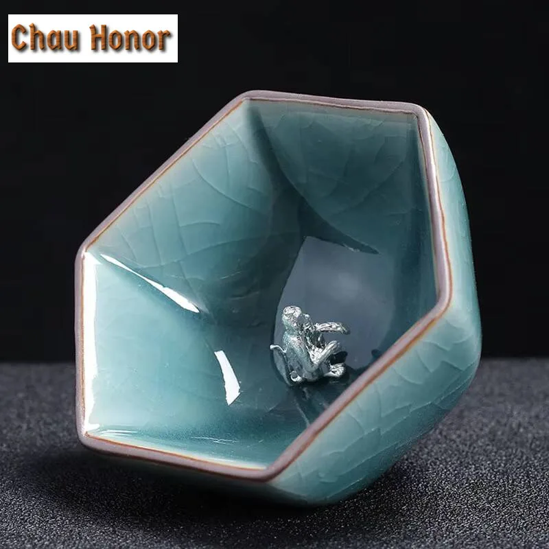 80ml High-end Ge Kiln Inlaid Silver Zodiac Signs Six Petals Cup Handmade Household Ceramics Master Teacup Chinese Kung Fu Teaset