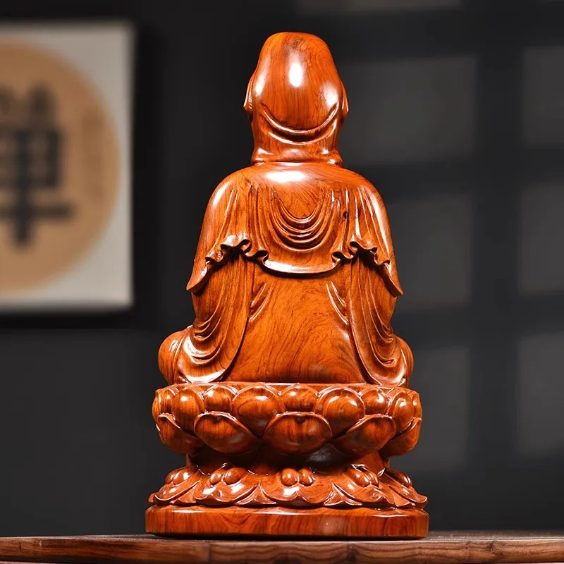 Solid wood carving Lotus Guanyin statue，Safflower pear， Black sandalwood Wooden buddha statue Home Feng Shui Decoration 13-38cm