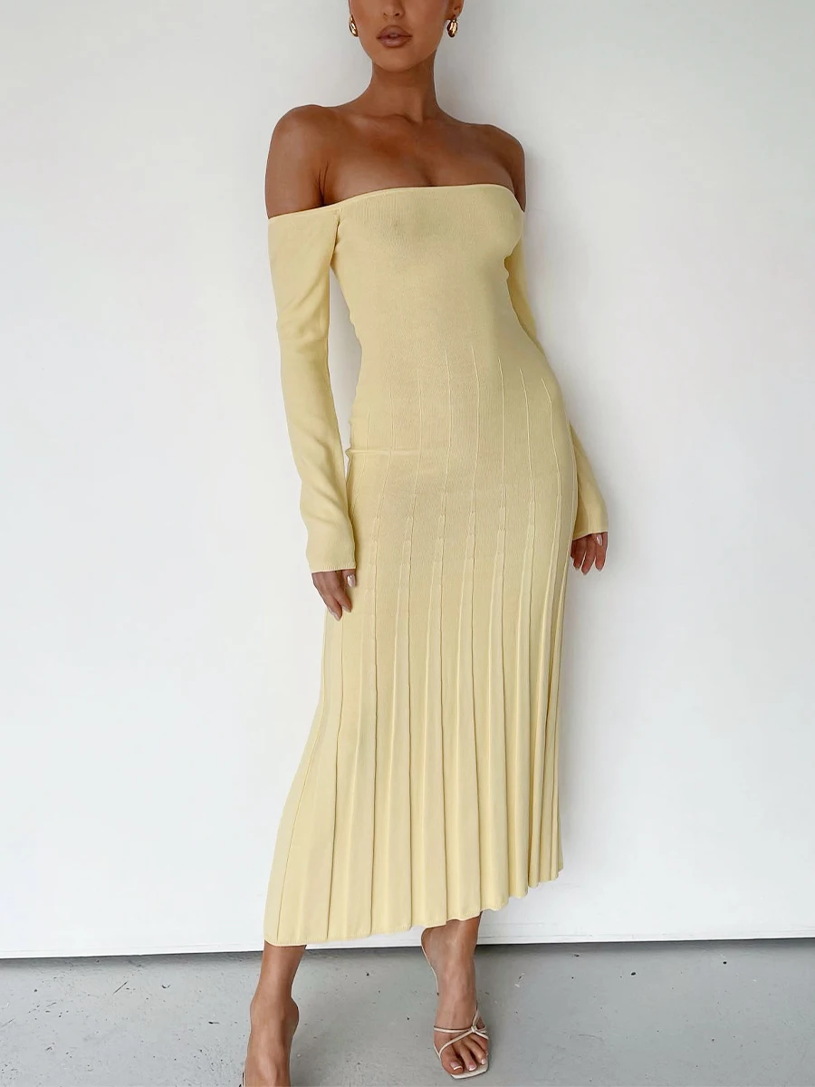

Women Summer Off-Shoulder Knitted Dress Solid Color Elegant Long Sleeve Backless Pleated Jacquard Hem Slim Bodycon Midi Dresses