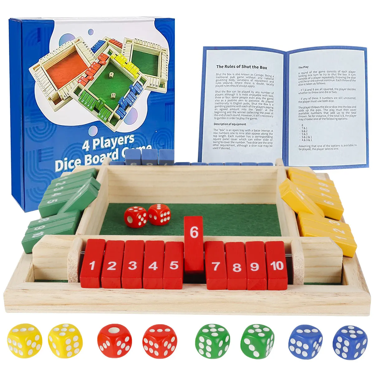

4 Player Shut the Box Wooden Board Games for Kids Adults 4-Sided Shut the Box Game Set with 8 Colored Dices Educational Learning