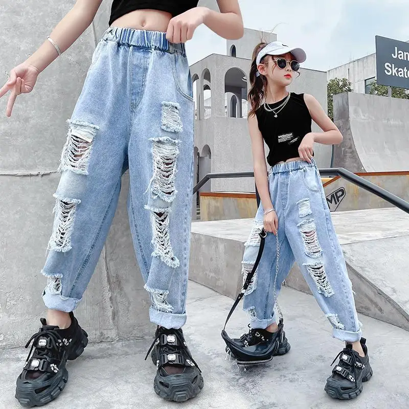Calça Jeans Menina YaYabroe - Perna Larga Cintura Elástica Rasgada