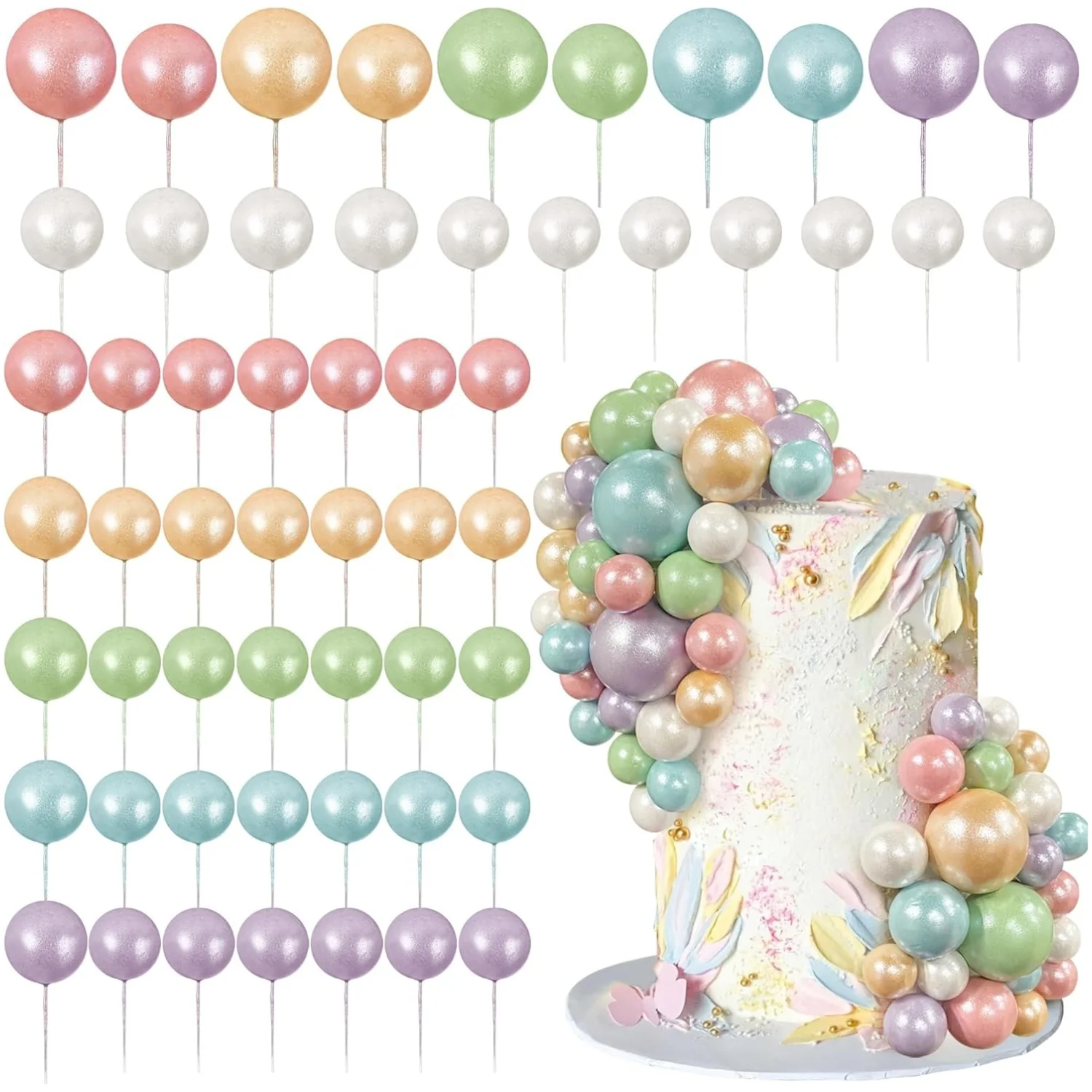 56 Stück Kugel-Kuchen-Picks, bunter kugelförmiger Kuchenaufsatz, Perlenkugeln, Cupcake-Kucheneinsatz-Aufsatz für Geburtstagsfeier, Hochzeitsdekoration