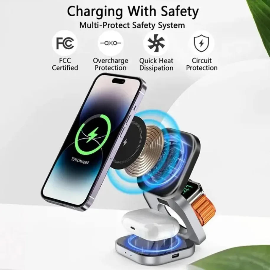 Foldable Magnetic Wireless Charger 3 In 1 Fast Charging Holder Stand For iPhone 17-12 Pro Max IWatch AirPods 3/2 Station Dock