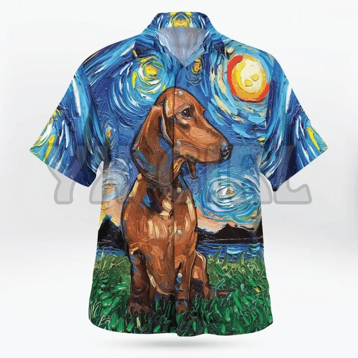 Summer Shirts Dachshund Starry Night Van Gogh 3D All Over Printed Hawaiian Shirt Men's For Women's Harajuku Casual Shirt Unisex