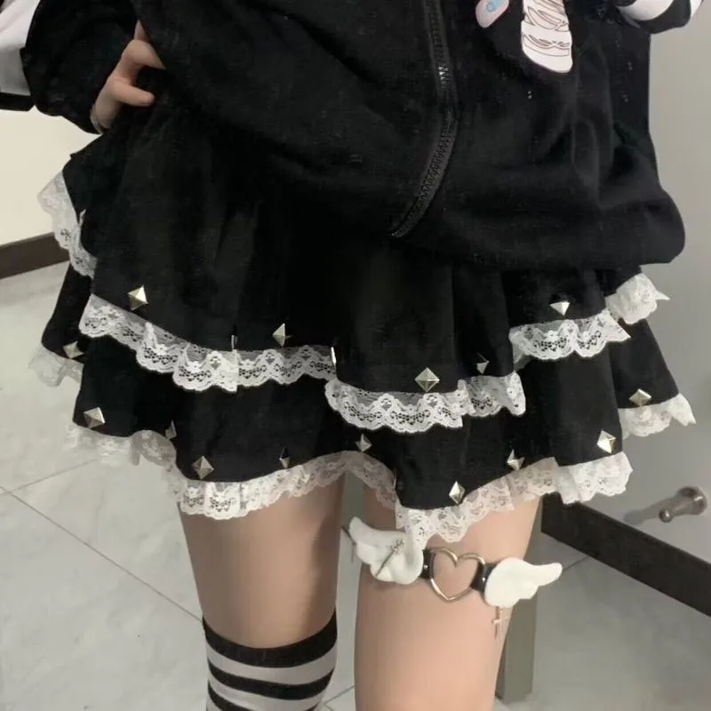 2024 Summer New Female Patchwork Lace Elastic Rivet Casual All-match Y2k Sexy Spicy Girl Fashion Comfortable Loose Short Skirts