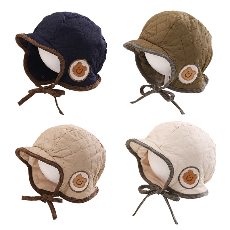 

Winter Baby Hat for Girls Boys Fleece Lining Kids Cap with Earflaps Korean Cartoon Bear Embroidery Hats Outdoor Warm Accessories