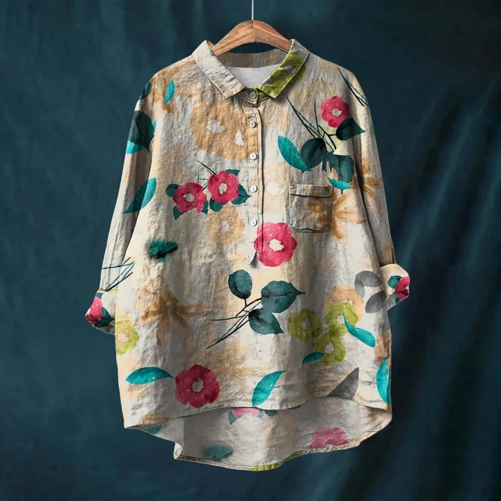 Flower Pattern Printed Women's Lapel Neck Casual Cotton And Linen Womens Loose Fit T Shirts Extra Long Sleeve Tops for Women women t shirt