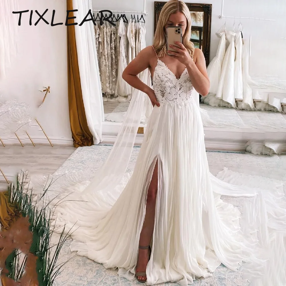 

TIXLEAR A-line Wedding Dresses for Women Simple Sexy V-Neck Spaghetti Straps Front Slit Backless Appliques Ribbons robe de marié