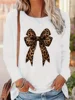 Bow Heart Love Leopard Print  Long Sleeve Shirt Funny T Shirt Women's  Print T-Shirt Crew Neck Top Tee Tshirt Casual
