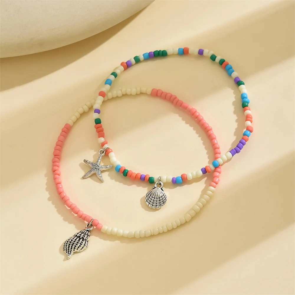 Cute Scallops Conch Starfish Pendant Anklets For Women Rainbow Beads Ankle Bracelet Beach Jewelry Foot Chains Summer Accessories