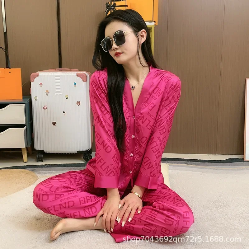 Spring Summer Women Ice Silk Pajama Set Long Sleeve Top Trousers Thin Korean Fashion Tracksuit Printing Pajamas for Women New